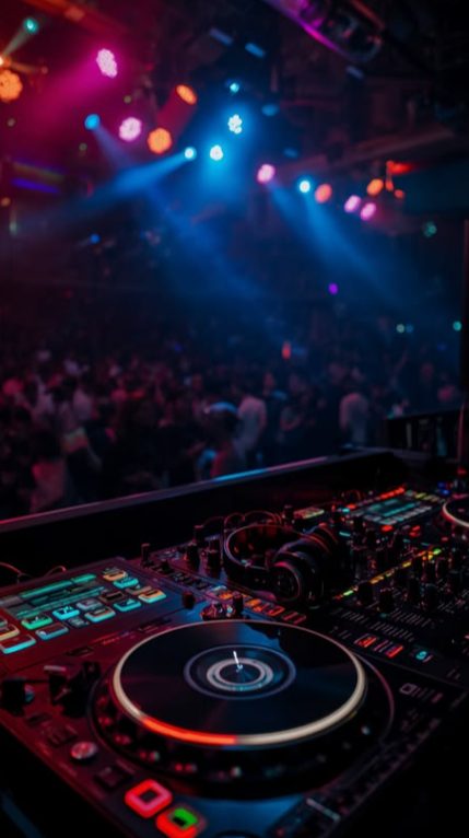 DJ decks facing a nightclub dance floor under blue lights